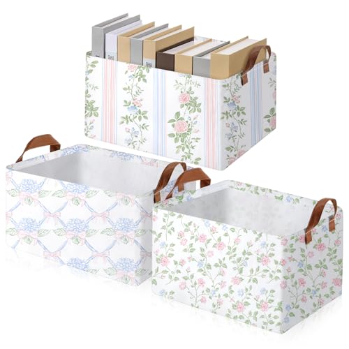Boao 3 Pcs Blue Hydrangea Storage Bin Fresh Style Floral Collapsible Large Storage Baskets for Gifts Canvas Laundry Basket Foldable Box with Handle for Office Home Bedroom Clothes - style: Blue Floral
