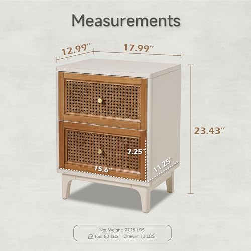 COZAYH Fully-Assembled 2-Drawer Woven Cane Front Accent Nightstand with Brass Knobs, Distressed White - color: Distressed White, style: 2 Drawer/1 pack