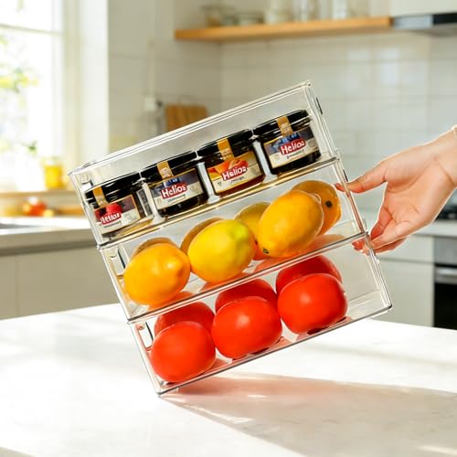 Hudgan Clear Storage Bins 8 Packs for Refrigerator, 4 Large Stackable Pantry Organizer Bins and 4 Medium Storage Plastic Containers for Home Edit, Kitchen, Freezer, Bathroom, Drawers, Shelves - size: 4L+4M