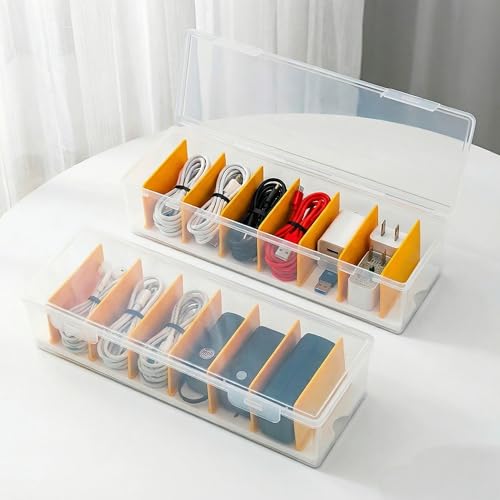 Charger Organizer, Cable Cord Organizer Box (2PCS) - Adjustable Dividers, 16 Cable Ties, Clear Charger Storage Box for Cable, Phone, Drawer Organization