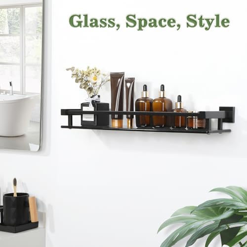 Alise Glass Shelf for Bathroom 20 inch, Matte Black Glass Floating Shelves, Stainless Steel Glass Bathroom Shelves Wall Mounted - color: Matte Black, size: 20 Inch