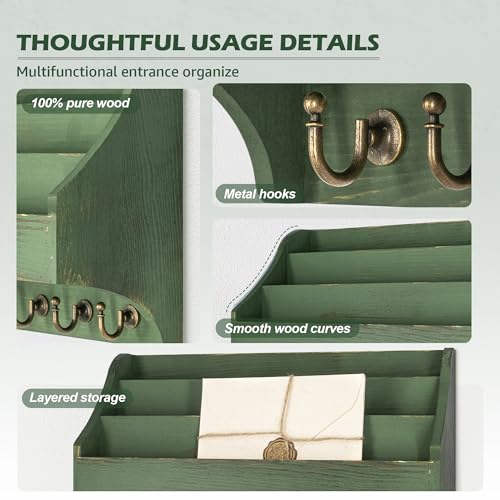Rebee Vision Pine Wood Key Holder Wall Mount - Rustic 3-Tire Mail Holder for Wall with Sturdy Key Hooks - Multifunctional Mail Organizer Wall Mount for Sunglass at Home (Green) - color: Green