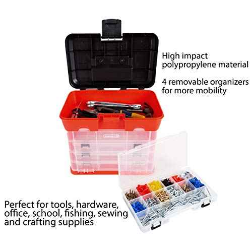 Portable Tool Storage Box - Small Parts Organizer with 4 Multi-Compartment Trays for Fishing Tackle, Hand Tools, or Craft Supplies by Stalwart