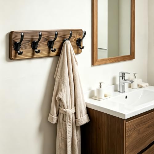 17" Coat Rack Wall Mount, Rustic Wall Mounted Coat Rack, Pine Solid Wood Coat Hook Hanger with 5 Metal Hooks- Wall Coat for Hanging Clothes Key Robes Towels Coats - color: Brown, size: 17 inch