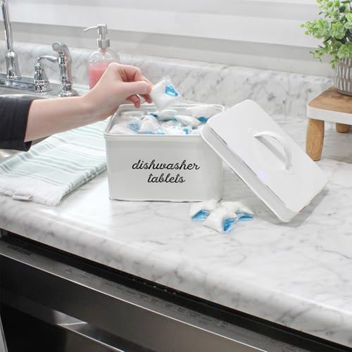 AuldHome Design Dishwasher Pod Holder, Tablet Container; White Enamelware Rustic Kitchen Storage Tin w/ Lid