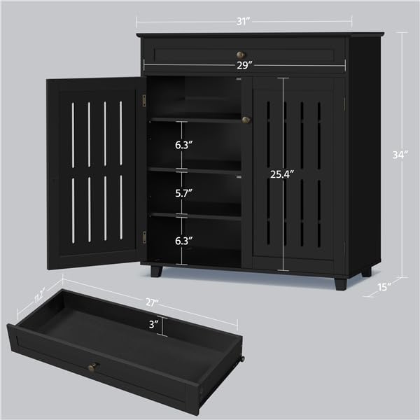 Yaheetech Shoe Cabinet, 4-Tier Shoe Storage Cabinet with Drawer & Adjustable Shelves, Wooden Shoe Rack Organizer with Louvered Doors for Entryway, Hallway, Closet, Living Room, Black