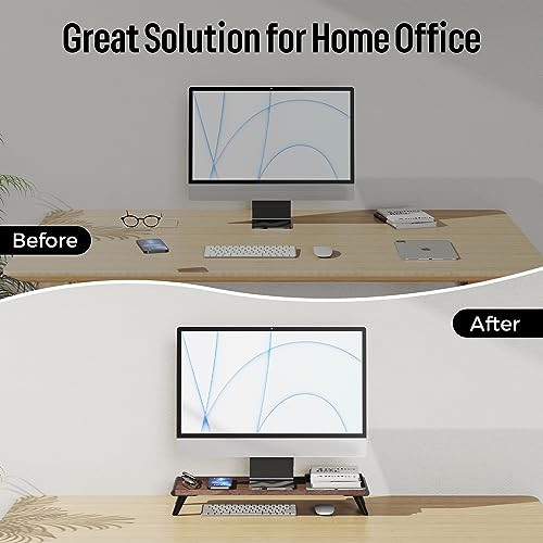 loukin Monitor Stand Riser for Desk, 22.4" x 8.3" Larger Computer Stand for Laptop, PC, Printer, Sturdy Desktop Computer Shelf with Non-Skid Rubber, Home Office (Brown)