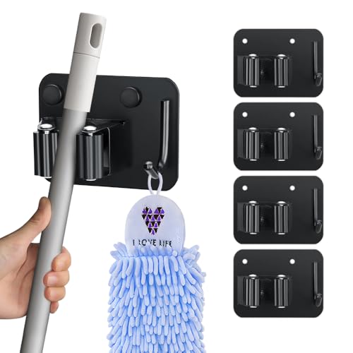 JAMEND CLXP 4-Pack Broom Holder with Heavy Duty Hooks, Upgraded Stainless Steel Mop Hanger. Wall Mount Utility Tool Rack for Kitchen Garden Laundry Garage. Matte Black. - color: 4PCS-Matte Black+Hook