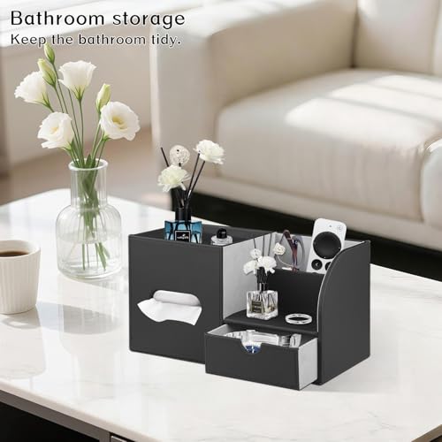 PU Leather Square Tissue Box Cover with Tray and Organizer, Multi-Function Remote Control Tissue Holder for Vanity, Nightstand, Bathroom, Home and Office - color: Black