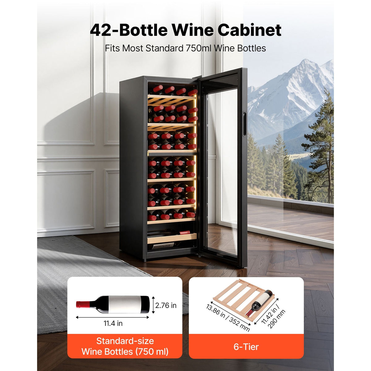 42 Bottle Wine Fridge, Freestanding Wine Cooler Refrigerator, Dual Zone Cooler, 41 F to 65 F Adjustable Temp Mini Cellar, Glass Door, For Home Office Bar, Red White Champagne or Sparkling Wines