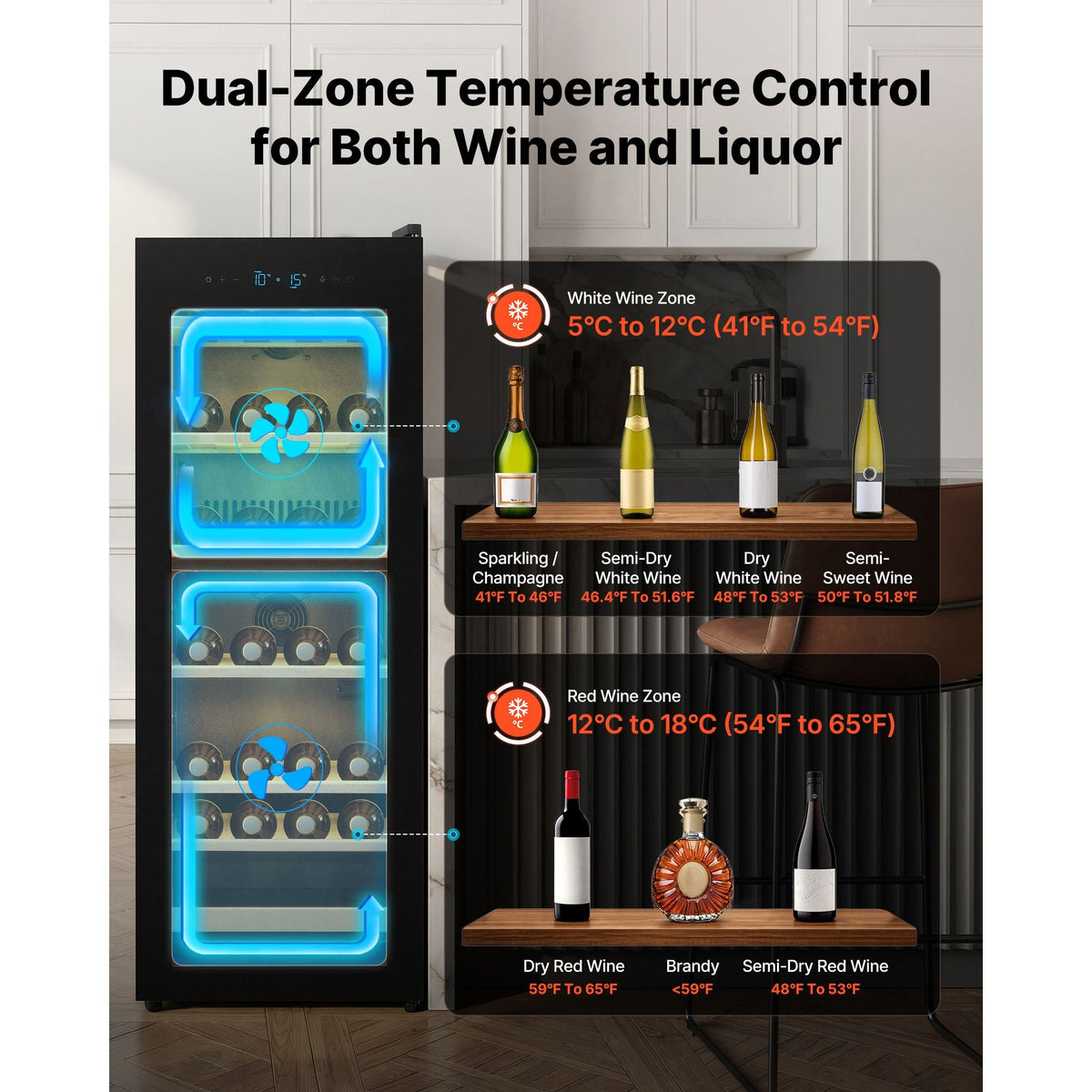 42 Bottle Wine Fridge, Freestanding Wine Cooler Refrigerator, Dual Zone Cooler, 41 F to 65 F Adjustable Temp Mini Cellar, Glass Door, For Home Office Bar, Red White Champagne or Sparkling Wines