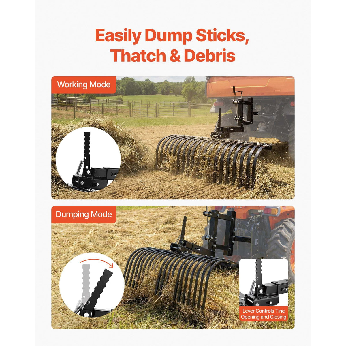 42 in Tow Behind Landscape Rake, 3-Point Lawn Rock Rake with Blade & Lift Lever, Fit Category 1 ATVs UTVs Lawn Tractors, Heavy Duty Dethatcher Rake for Debris Leaves Thatch