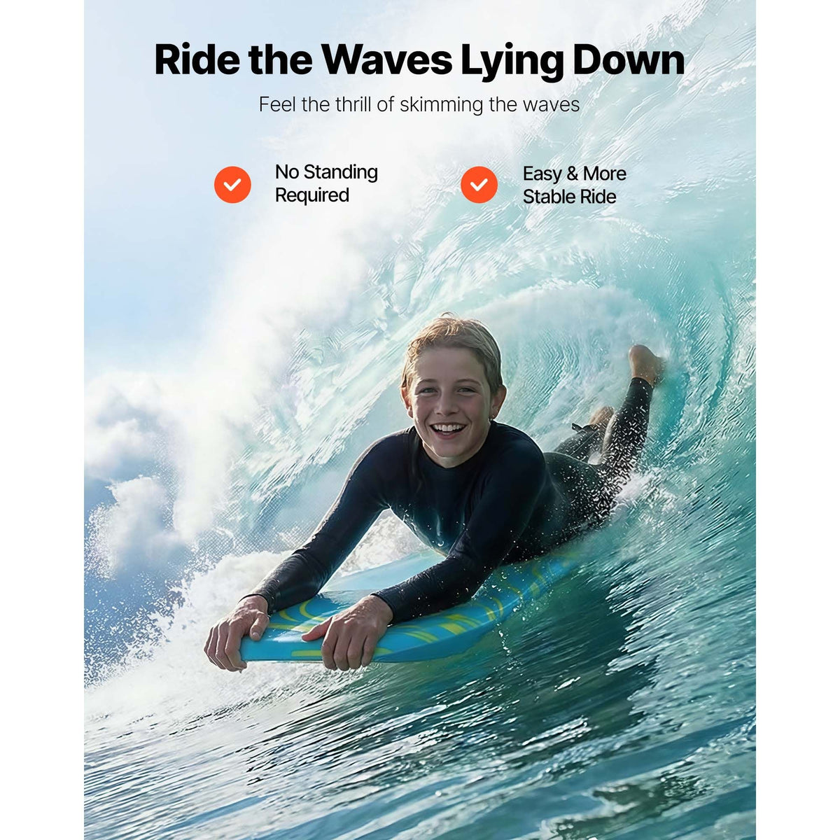 42-Inch Bodyboard, Body Board Trainer with EPS Foam Core & Wrist Leash, UV-Resistant Beach Bodyboard for Beginners, Youth Up to 180 lbs