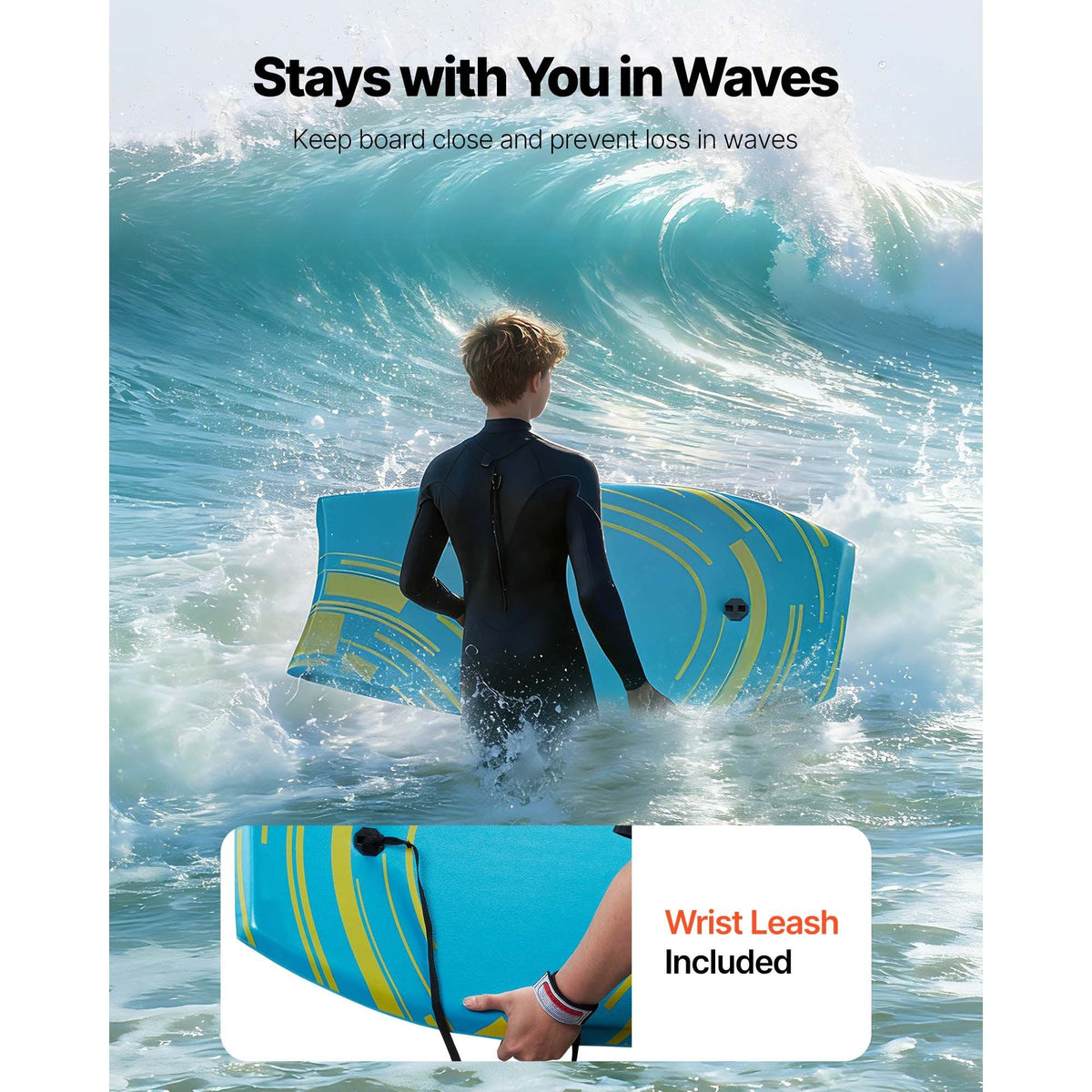 42-Inch Bodyboard, Body Board Trainer with EPS Foam Core & Wrist Leash, UV-Resistant Beach Bodyboard for Beginners, Youth Up to 180 lbs