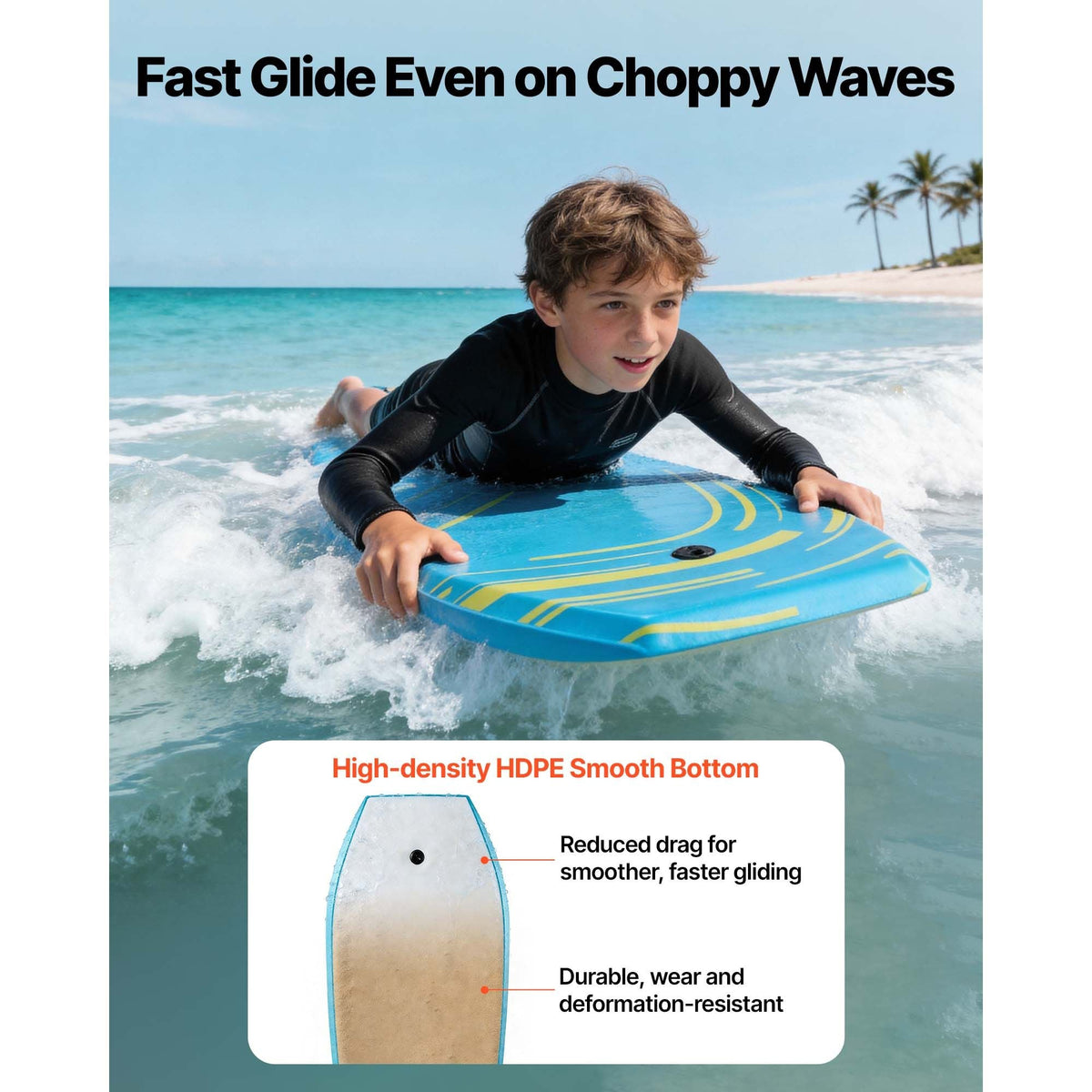 42-Inch Bodyboard, Body Board Trainer with EPS Foam Core & Wrist Leash, UV-Resistant Beach Bodyboard for Beginners, Youth Up to 180 lbs