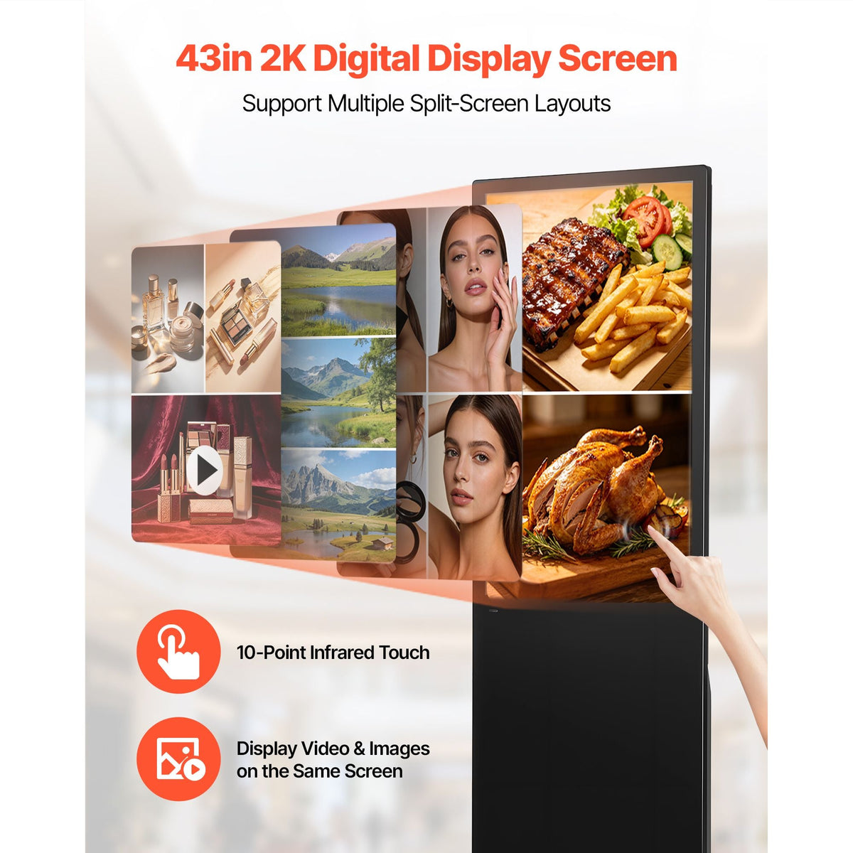 43 in Indoor Digital Signage Floor Standing Advertising Display Kiosk, WiFi HDMI/USB Input Android OS, 178° Wide View, LCD Touchscreen Interactive Monitor, Mobile Commercial Totem Poster
