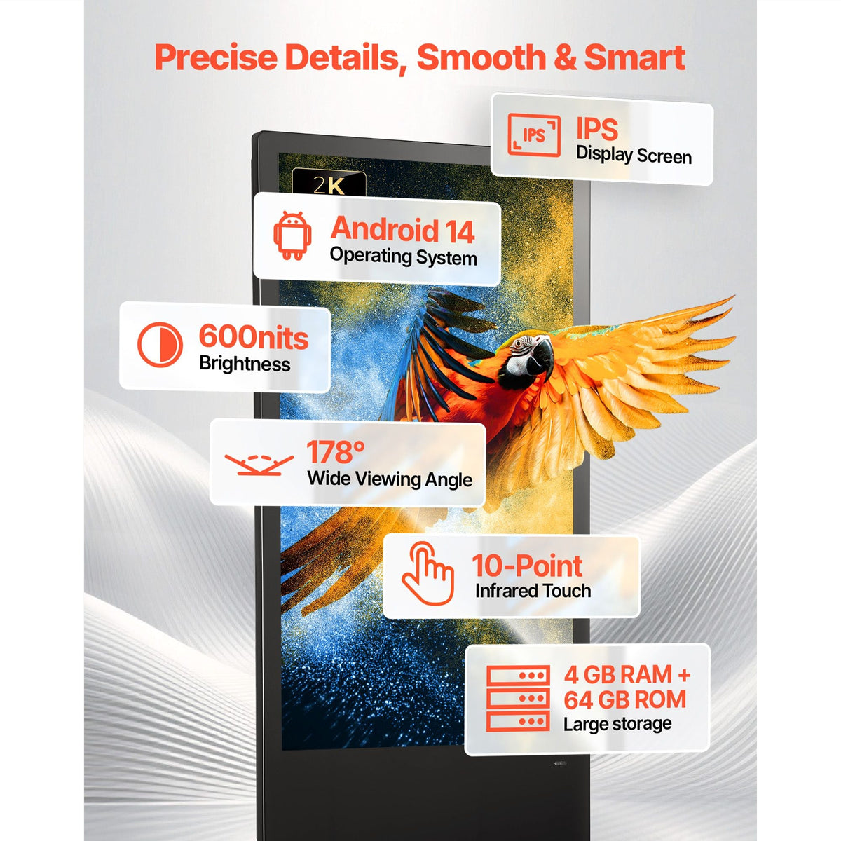 43 in Indoor Digital Signage Floor Standing Advertising Display Kiosk, WiFi HDMI/USB Input Android OS, 178° Wide View, LCD Touchscreen Interactive Monitor, Mobile Commercial Totem Poster