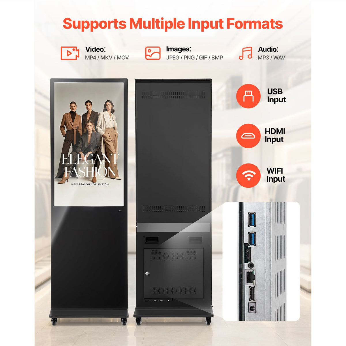 43 in Indoor Digital Signage Floor Standing Advertising Display Kiosk, WiFi HDMI/USB Input Android OS, 178° Wide View, LCD Touchscreen Interactive Monitor, Mobile Commercial Totem Poster