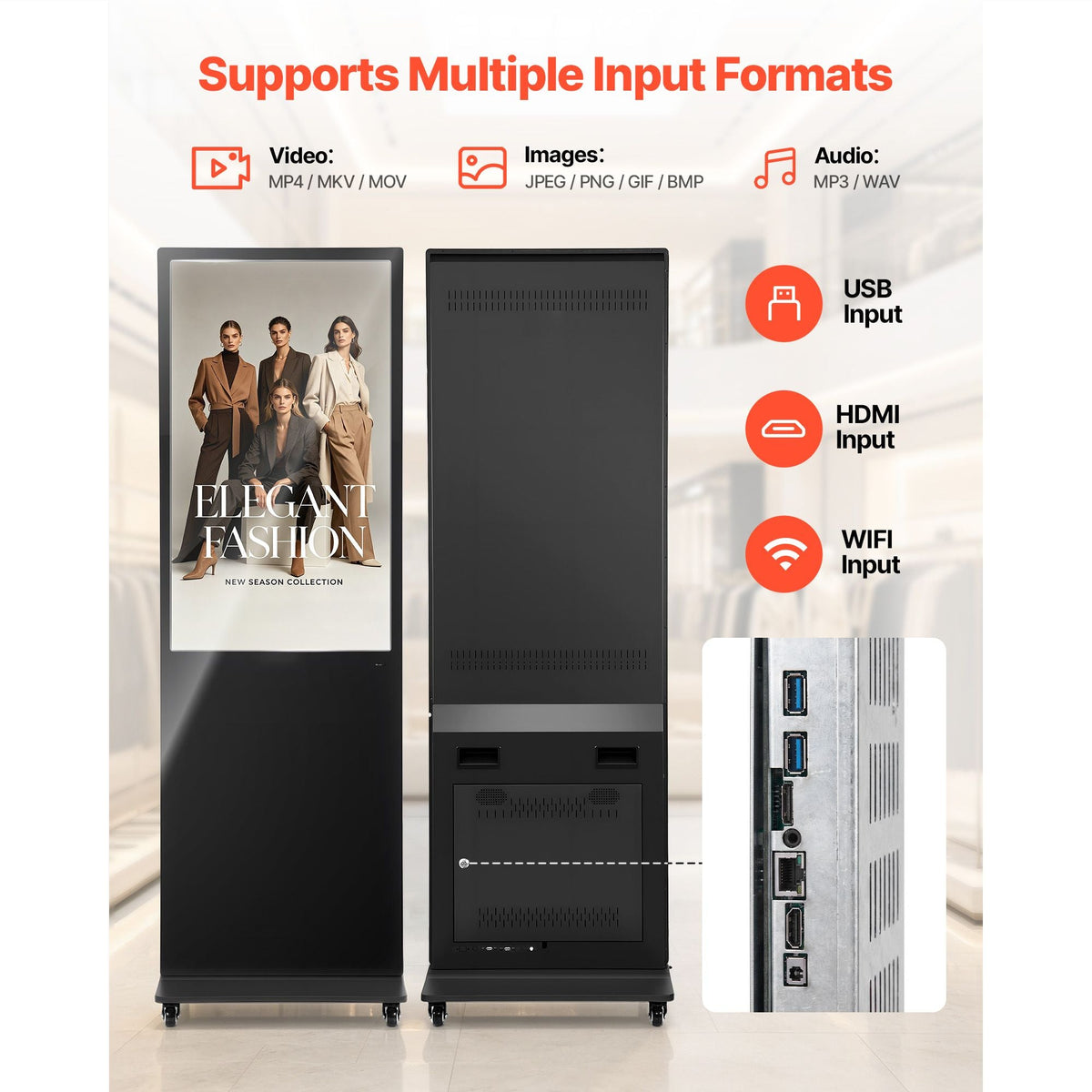 43 in Indoor Digital Signage Floor Standing Advertising Display Kiosk, with WiFi HDMI/USB Input Android OS, 178° Wide View, LCD Screen Interactive Monitor, Mobile Commercial Totem Poster