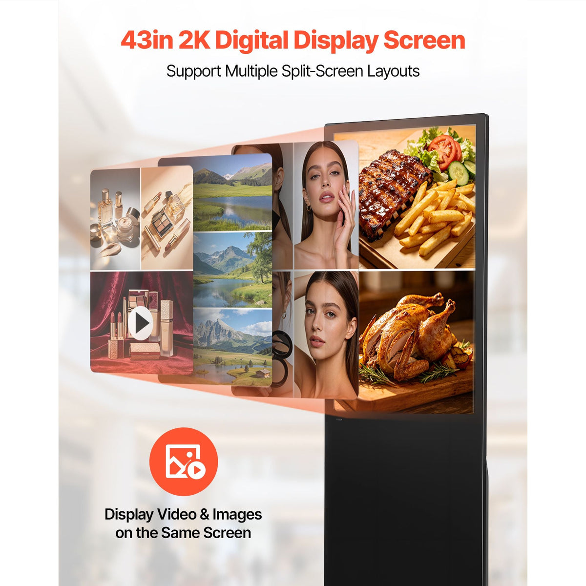43 in Indoor Digital Signage Floor Standing Advertising Display Kiosk, with WiFi HDMI/USB Input Android OS, 178° Wide View, LCD Screen Interactive Monitor, Mobile Commercial Totem Poster
