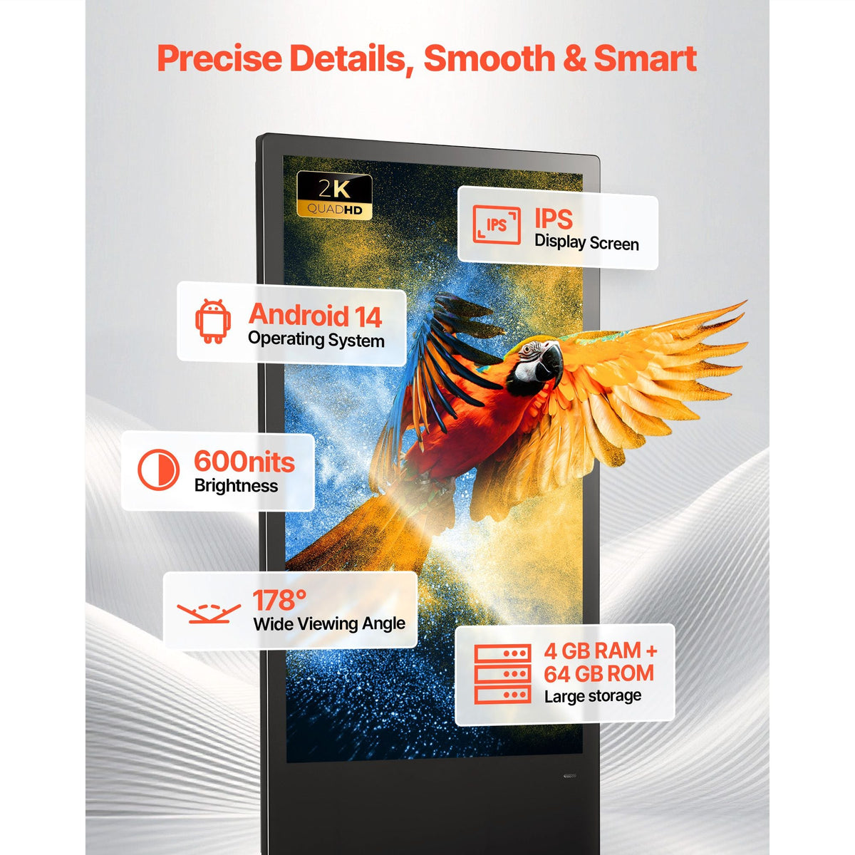 43 in Indoor Digital Signage Floor Standing Advertising Display Kiosk, with WiFi HDMI/USB Input Android OS, 178° Wide View, LCD Screen Interactive Monitor, Mobile Commercial Totem Poster