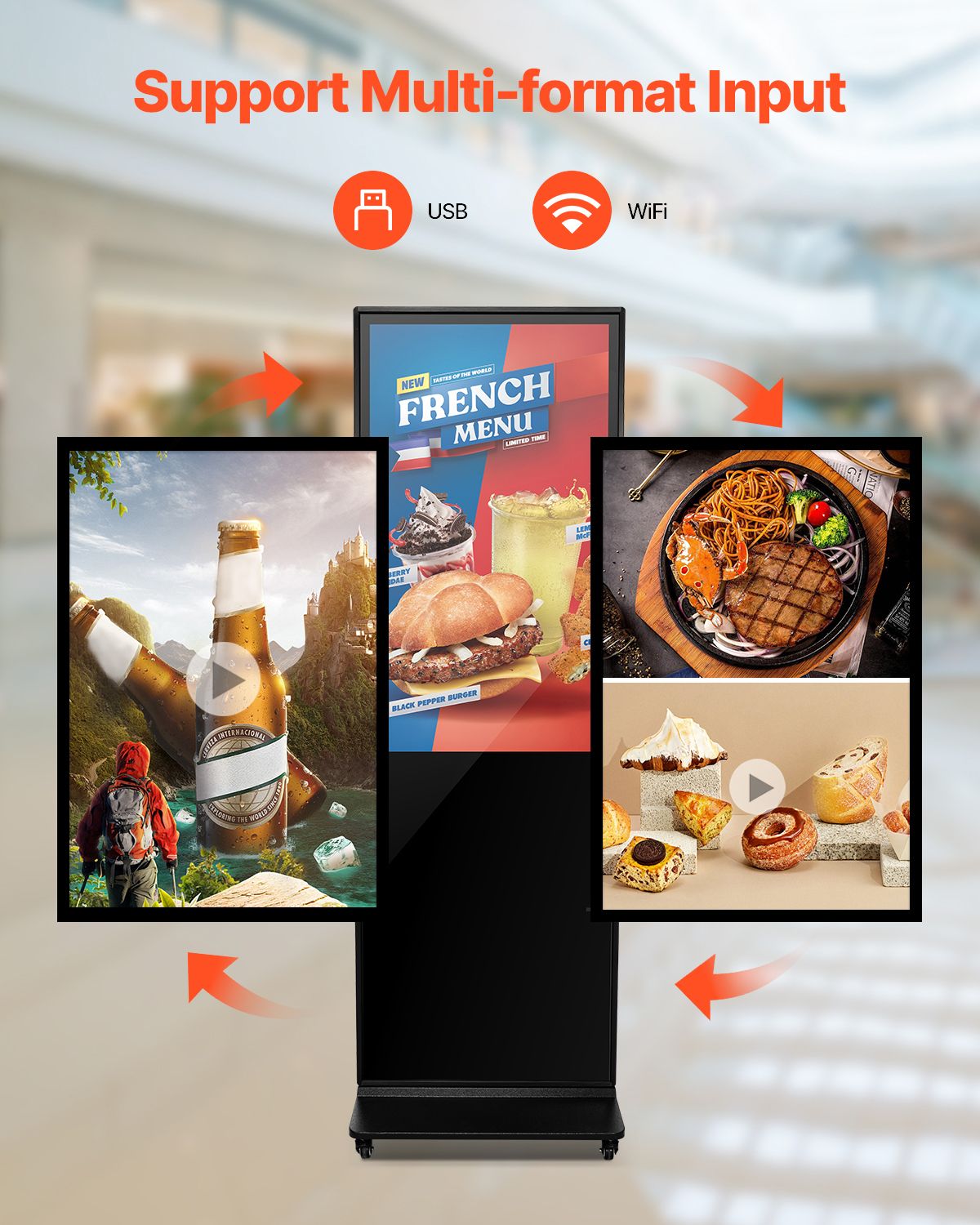 43 Inch Digital Signage Display, Non-touchscreen Digital Kiosk, Indoor Floor Standing Kiosk Display, 2K UHD LCD Screen, 2GB RAM & 32GB ROM, with WiFi HDMI/USB Input, Advertising Display