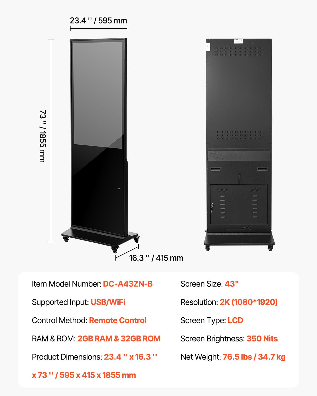 43 Inch Digital Signage Display, Non-touchscreen Digital Kiosk, Indoor Floor Standing Kiosk Display, 2K UHD LCD Screen, 2GB RAM & 32GB ROM, with WiFi HDMI/USB Input, Advertising Display