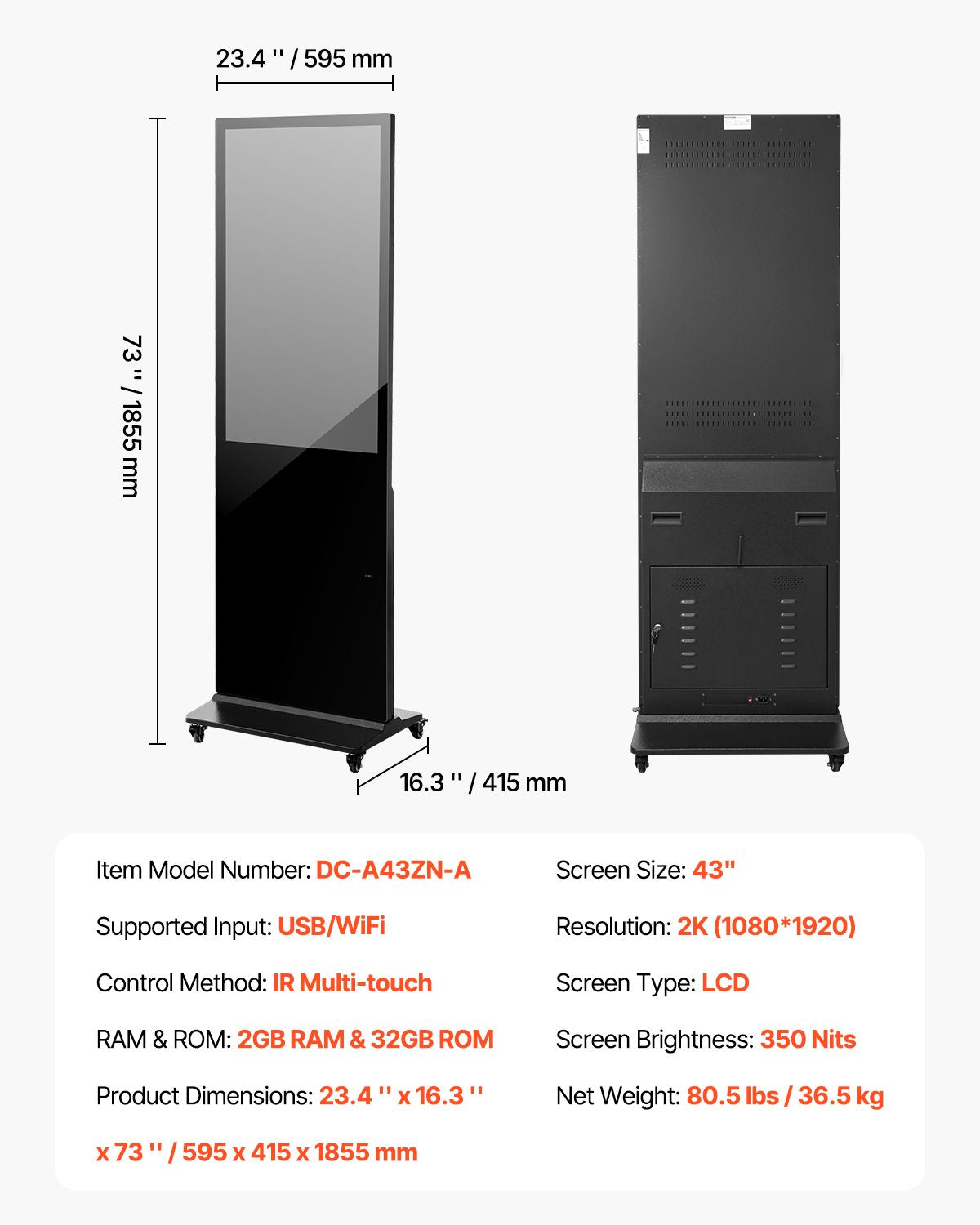 43 Inch Digital Signage Display, Touchscreen Digital Kiosk, Indoor Floor Standing Kiosk Display, 2K UHD LCD Screen, 2GB RAM & 32GB ROM, with WiFi HDMI/USB Input, Commercial Advertising Display