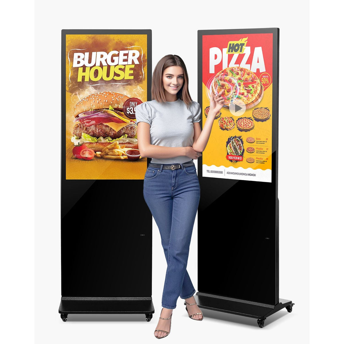 43 Inch Digital Signage Display, Touchscreen Digital Kiosk, Indoor Floor Standing Kiosk Display, 2K UHD LCD Screen, 2GB RAM & 32GB ROM, with WiFi HDMI/USB Input, Commercial Advertising Display