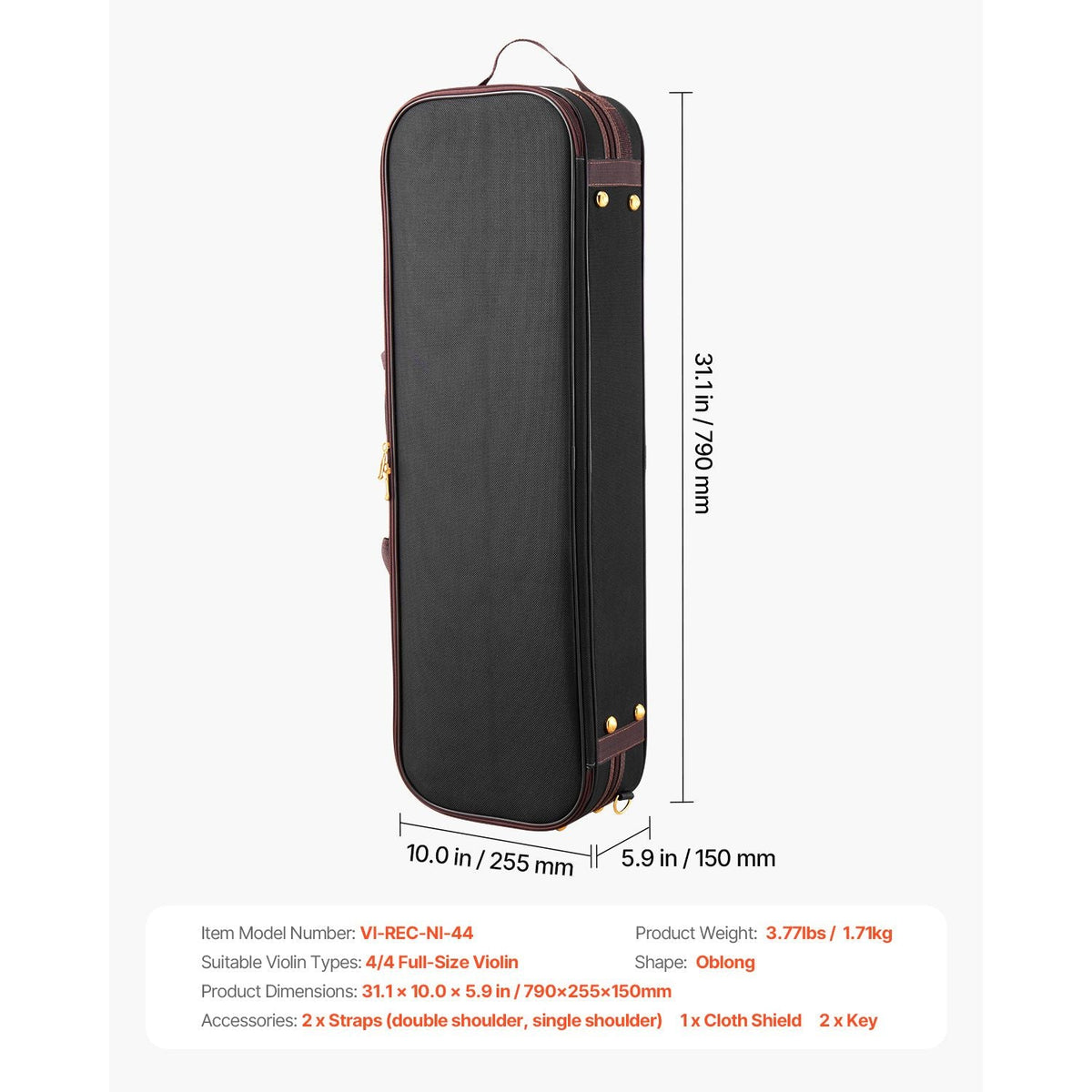 4/4 Full Size Violin Case, Built-in Hygrometer, Lightweight Portable Travel Carrying Bag, with Plush Lining, Shoulder Straps, Anti-Scratch, Professional Oblong Shape, for Violin, Black