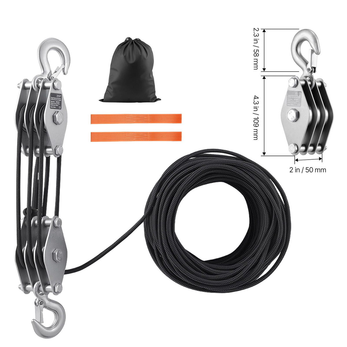 4400 lbs Breaking Strength 100 FT Rope Pulley Hoist, 5:1 Lifting Power Heavy Duty Pulley System with 2pcs Soft Loops, Metal Wheels Bearing Structure, Block and Tackle for Lifting Heavy Objects