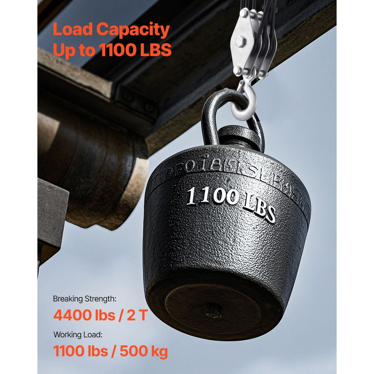 4400 lbs Breaking Strength 100 FT Rope Pulley Hoist, 5:1 Lifting Power Heavy Duty Pulley System with 2pcs Soft Loops, Metal Wheels Bearing Structure, Block and Tackle for Lifting Heavy Objects