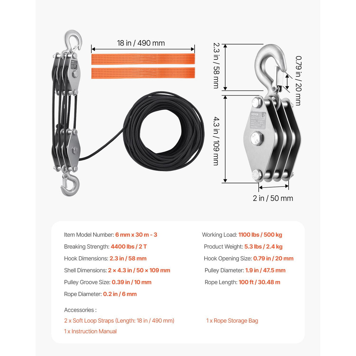 4400 lbs Breaking Strength 100 FT Rope Pulley Hoist, 5:1 Lifting Power Heavy Duty Pulley System with 2pcs Soft Loops, Metal Wheels Bearing Structure, Block and Tackle for Lifting Heavy Objects