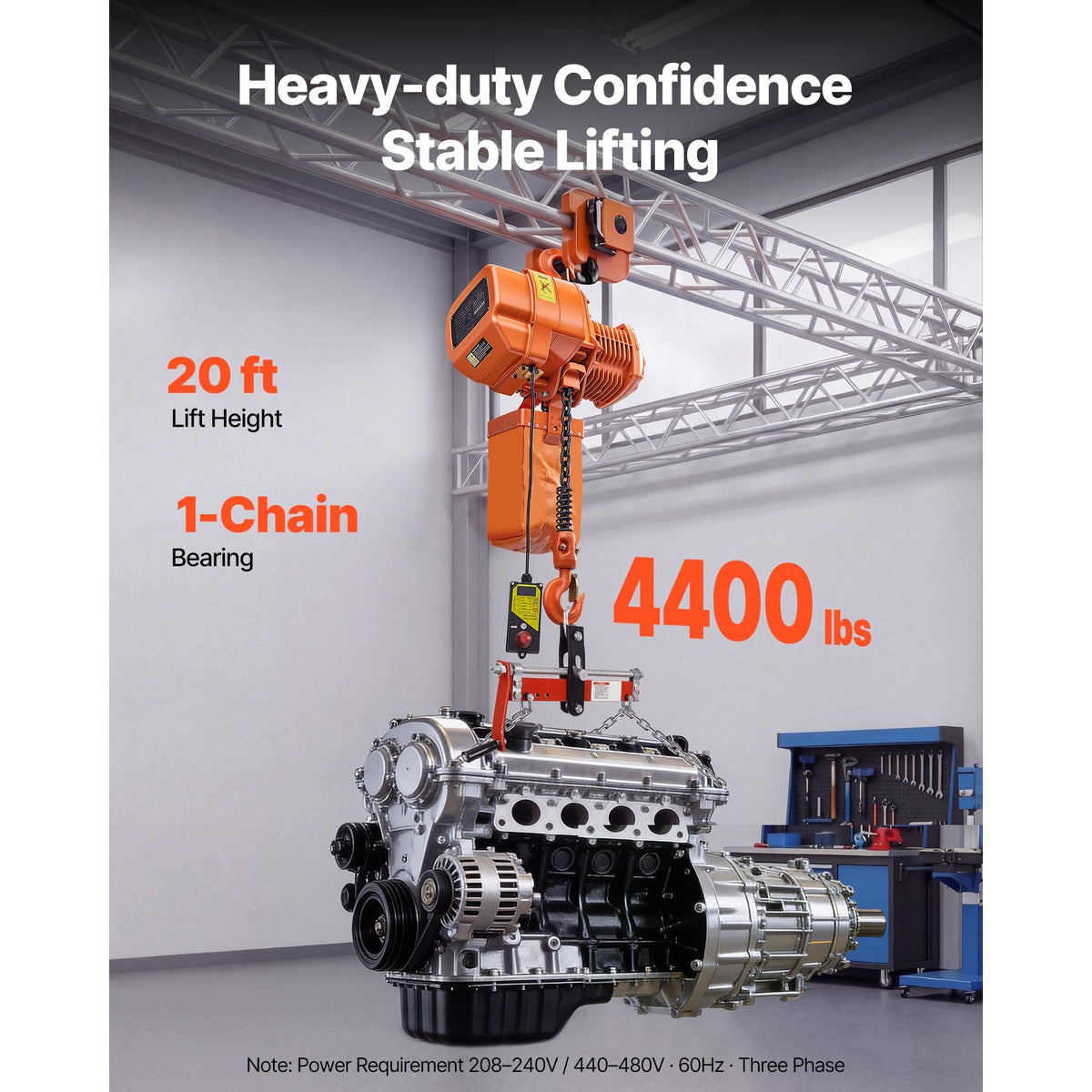 4400 lbs Electric Chain Hoist, 20 ft Lifting Height, Three-Phase Overhead Crane with 328 ft Wireless Remote Control, Single G100 Chain Electric Lift Hoist for Factories, Warehouses, Garages