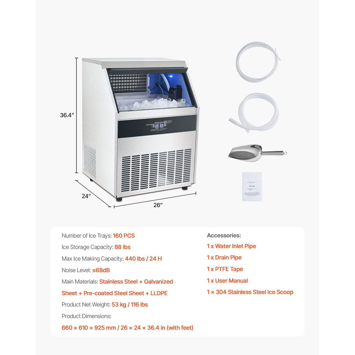 440lbs/24H Commercial Ice Maker, 160 Ice Cubes in 15 Minutes, Freestanding Ice Maker Machine with 88lbs Large Storage Capacity for Bar Office Restaurant, with LED Digital Display & Self-Cleaning