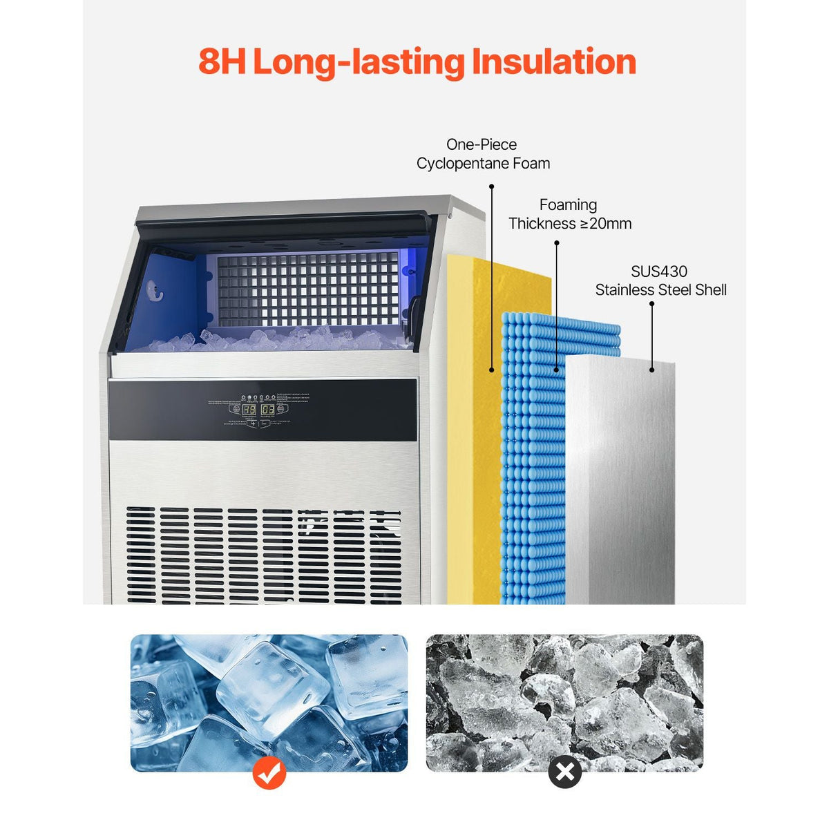 440lbs/24H Commercial Ice Maker, 160 Ice Cubes in 15 Minutes, Freestanding Ice Maker Machine with 88lbs Large Storage Capacity for Bar Office Restaurant, with LED Digital Display & Self-Cleaning
