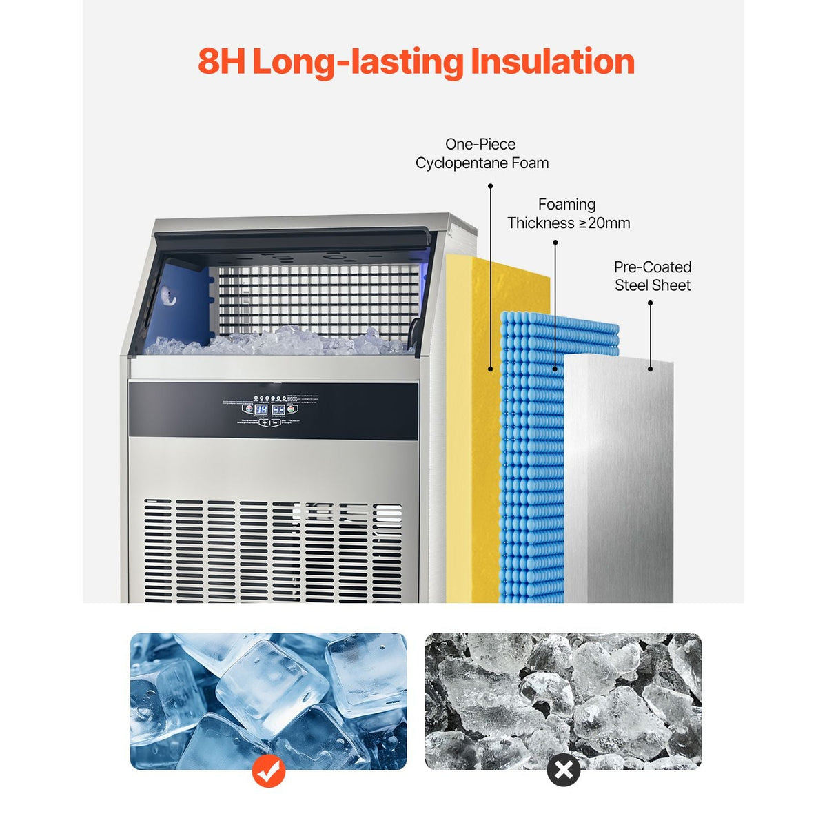440lbs/24H Commercial Ice Maker Machine, 130lbs Storage Capacity Ice Maker with Drain Pump, 160 Ice Cubes in 15 Minutes, LED Digital Display Freestanding Self-Cleaning for Bar Office Restaurant