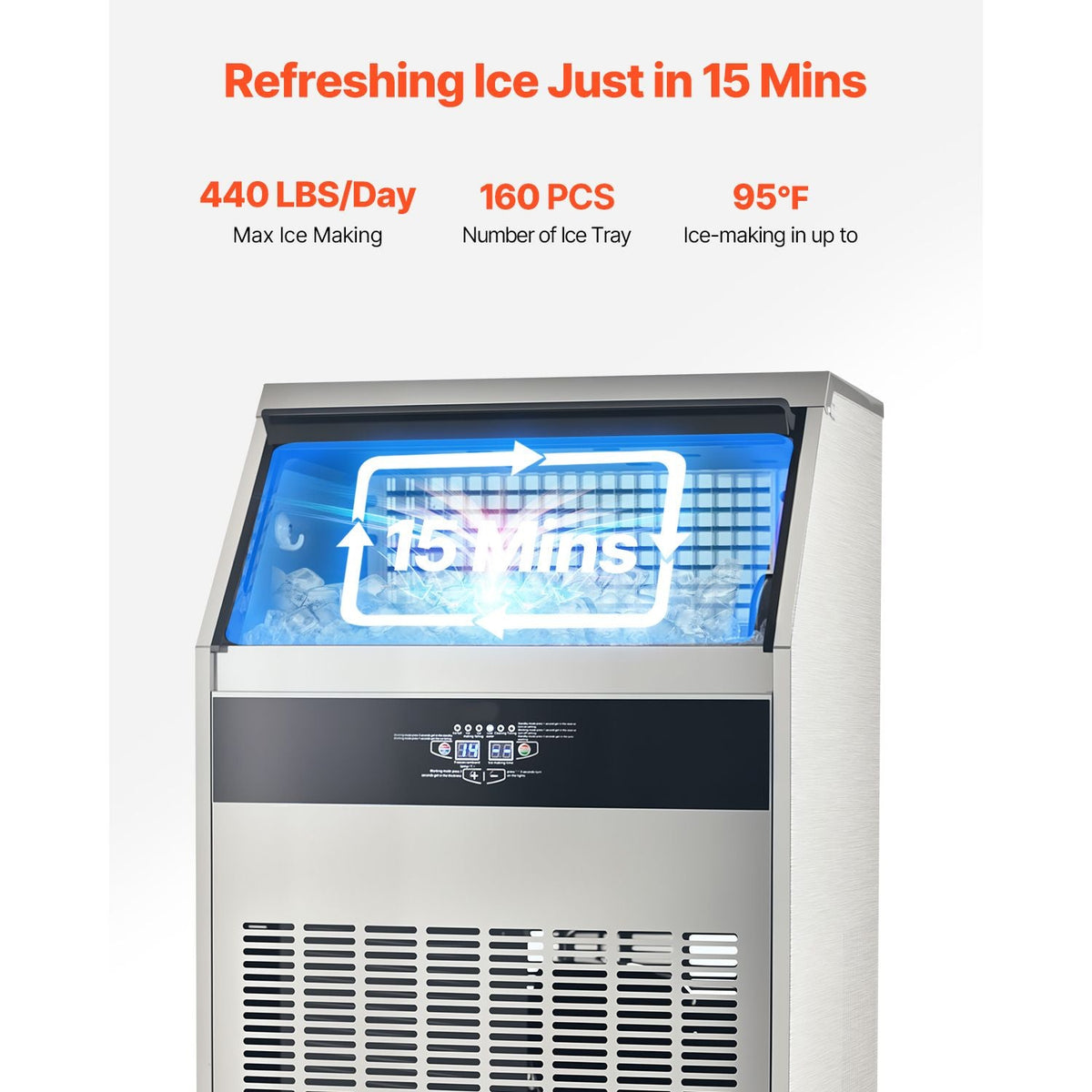 440lbs/24H Commercial Ice Maker Machine, 130lbs Storage Capacity Ice Maker with Drain Pump, 160 Ice Cubes in 15 Minutes, LED Digital Display Freestanding Self-Cleaning for Bar Office Restaurant