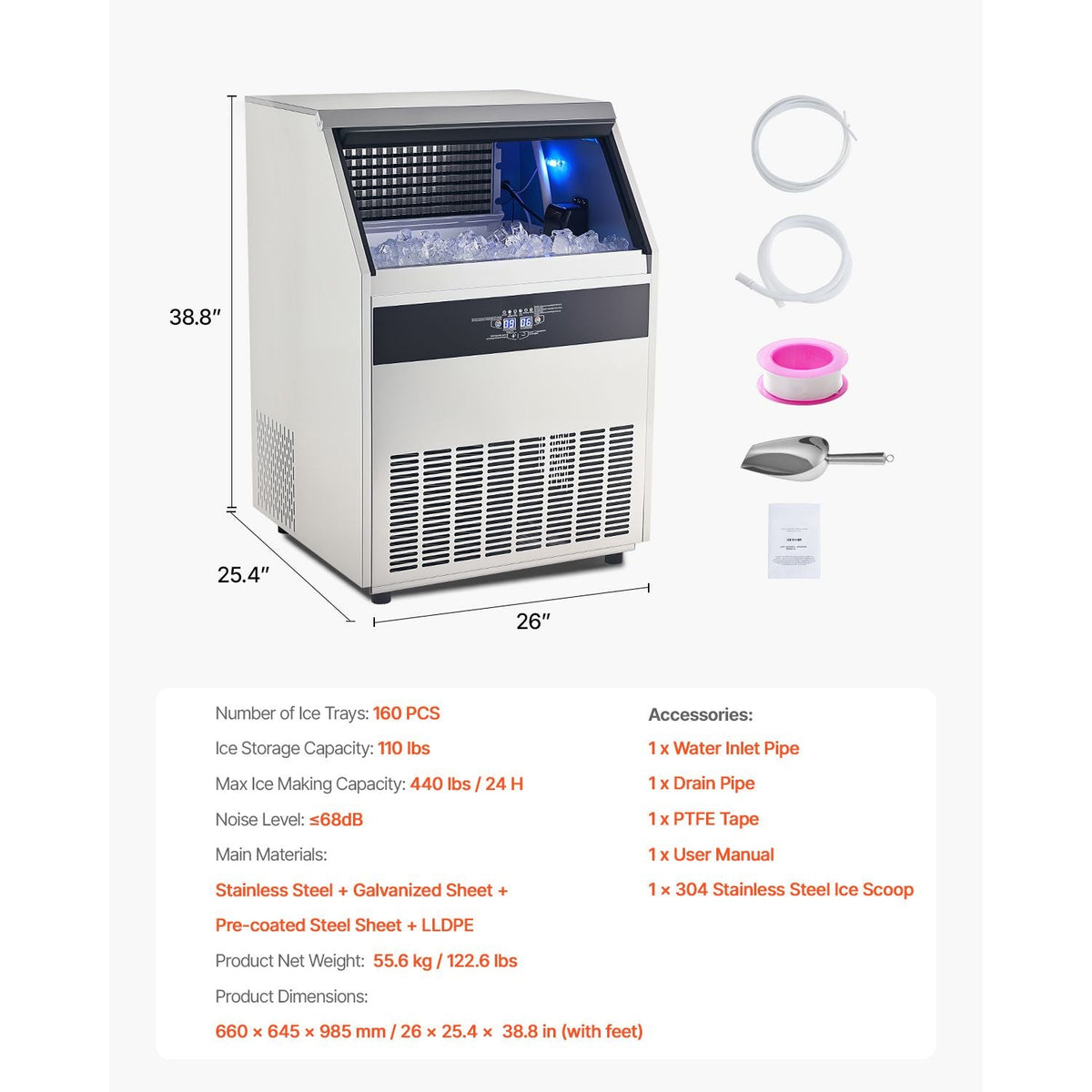 440lbs/24H Commercial Ice Maker Machine, 130lbs Storage Capacity Ice Maker with Drain Pump, 160 Ice Cubes in 15 Minutes, LED Digital Display Freestanding Self-Cleaning for Bar Office Restaurant