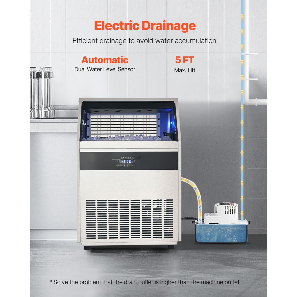 440lbs/24H Commercial Ice Maker Machine, 130lbs Storage Capacity Ice Maker with Drain Pump, 160 Ice Cubes in 15 Minutes, LED Digital Display Freestanding Self-Cleaning for Bar Office Restaurant