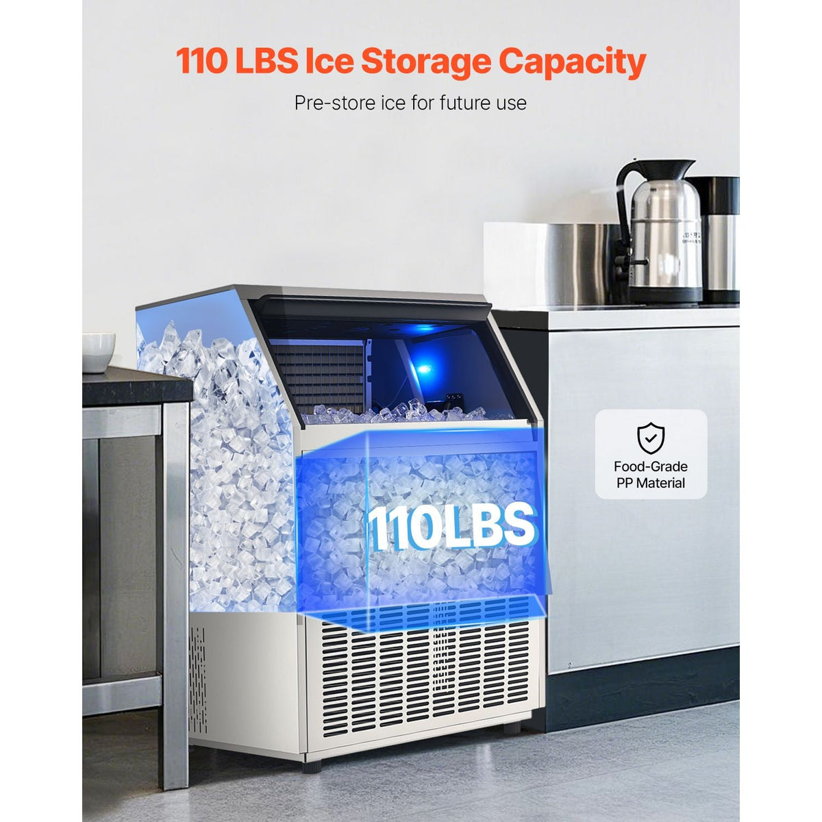 440lbs/24H Commercial Ice Maker Machine, 130lbs Storage Capacity Ice Maker with Drain Pump, 160 Ice Cubes in 15 Minutes, LED Digital Display Freestanding Self-Cleaning for Bar Office Restaurant