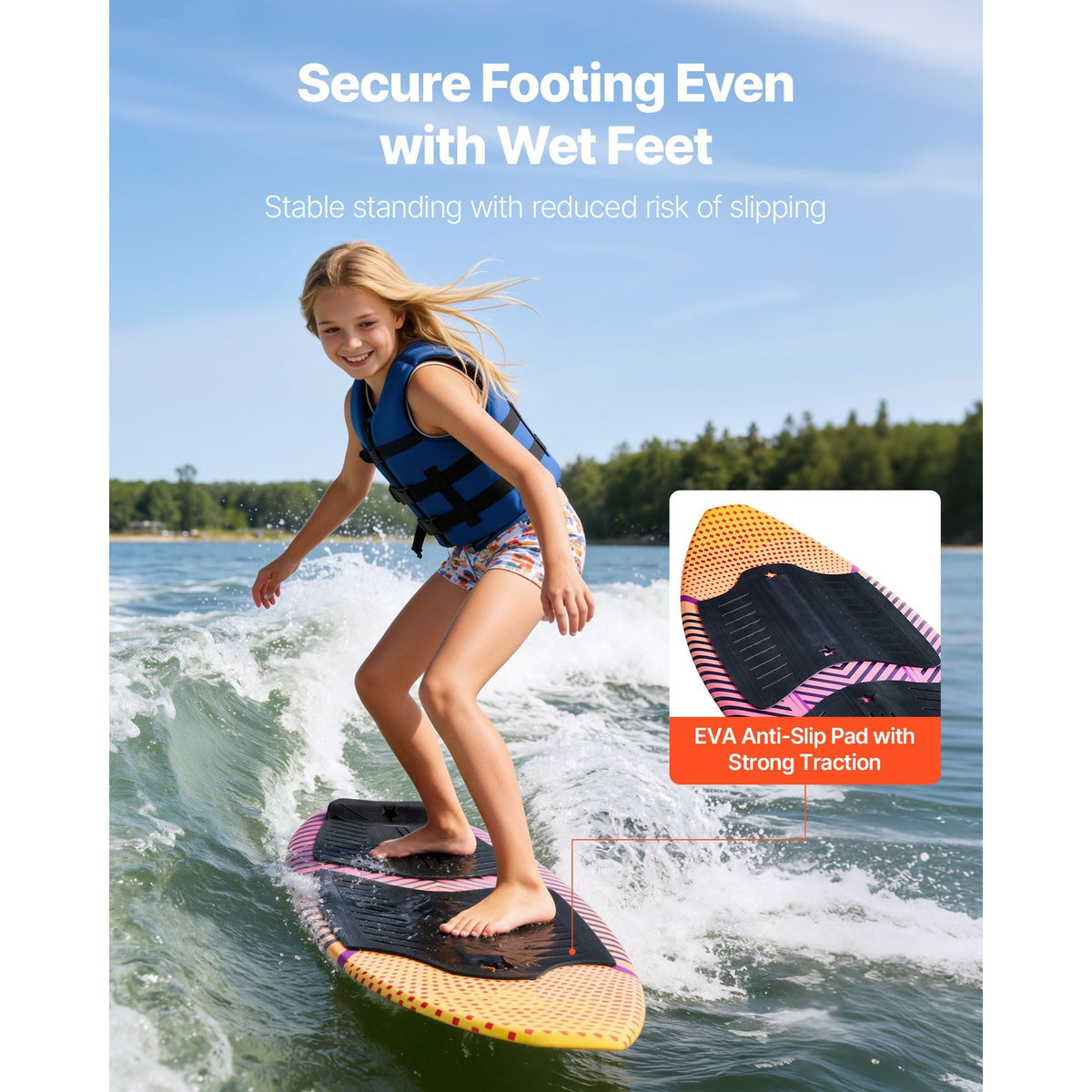 45-Inch Wakesurf Board, Wake Surfing Board with EPS Foam Core & EVA Non-Slip Pad, UV-Resistant Wakesurfing Boards for Youth Up to 110 lbs