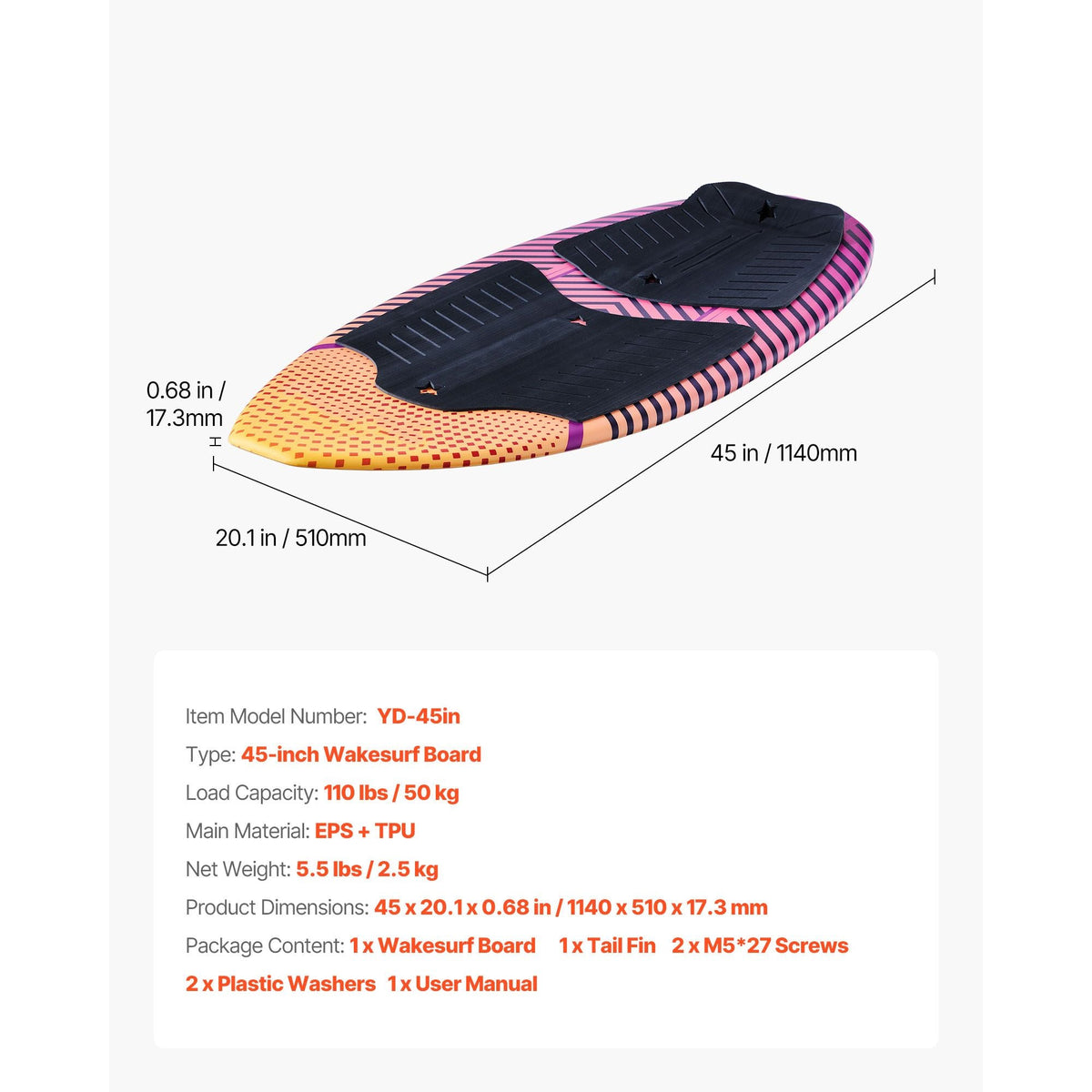 45-Inch Wakesurf Board, Wake Surfing Board with EPS Foam Core & EVA Non-Slip Pad, UV-Resistant Wakesurfing Boards for Youth Up to 110 lbs