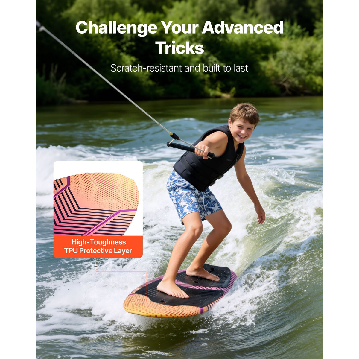 45-Inch Wakesurf Board, Wake Surfing Board with EPS Foam Core & EVA Non-Slip Pad, UV-Resistant Wakesurfing Boards for Youth Up to 110 lbs
