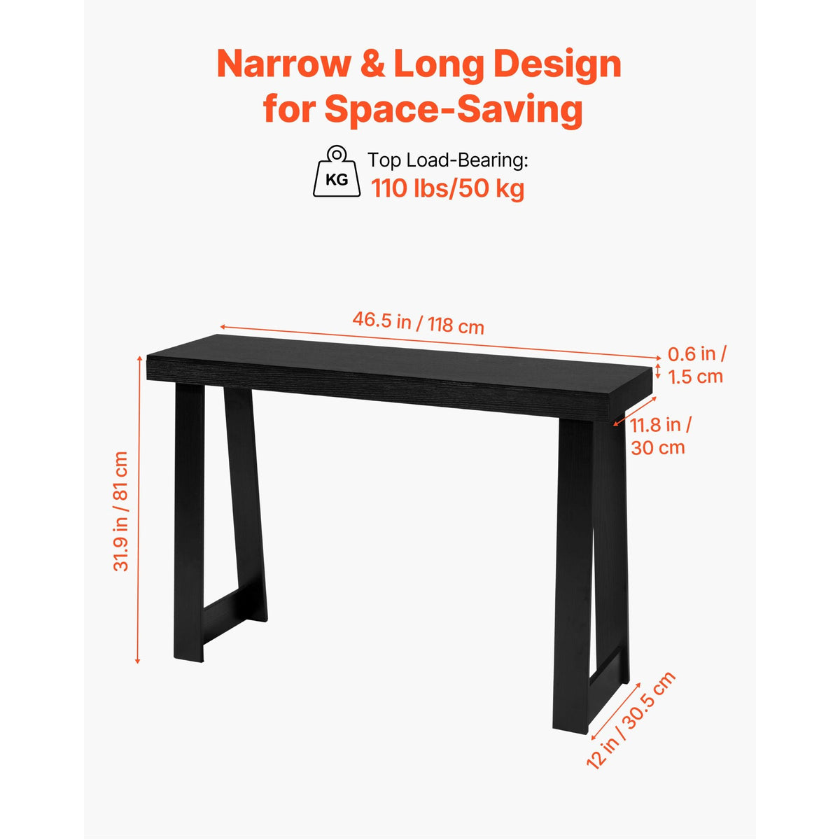 46 in Console Table, Modern Desk Behind the Couch, Wooden Rectangle Entrance Desk, Narrow Long Sofa Table Accent Stand for Hallway, Bedroom, Living Room, Foyer, Easy Assembly, Black