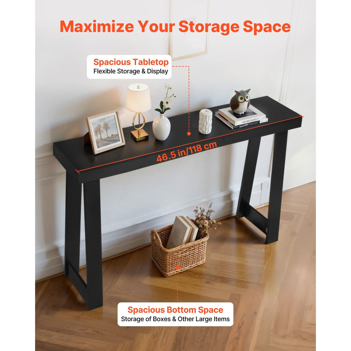 46 in Console Table, Modern Desk Behind the Couch, Wooden Rectangle Entrance Desk, Narrow Long Sofa Table Accent Stand for Hallway, Bedroom, Living Room, Foyer, Easy Assembly, Black