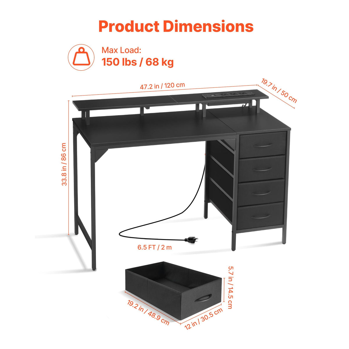 47" Computer Desk with LED Lights & Power Outlets, Gaming Table with 4 Large Drawers, Office Desk with Monitor Stand, Study Work Home Office, Small Spaces, Black