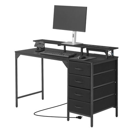 47" Computer Desk with LED Lights & Power Outlets, Gaming Table with 4 Large Drawers, Office Desk with Monitor Stand, Study Work Home Office, Small Spaces, Black