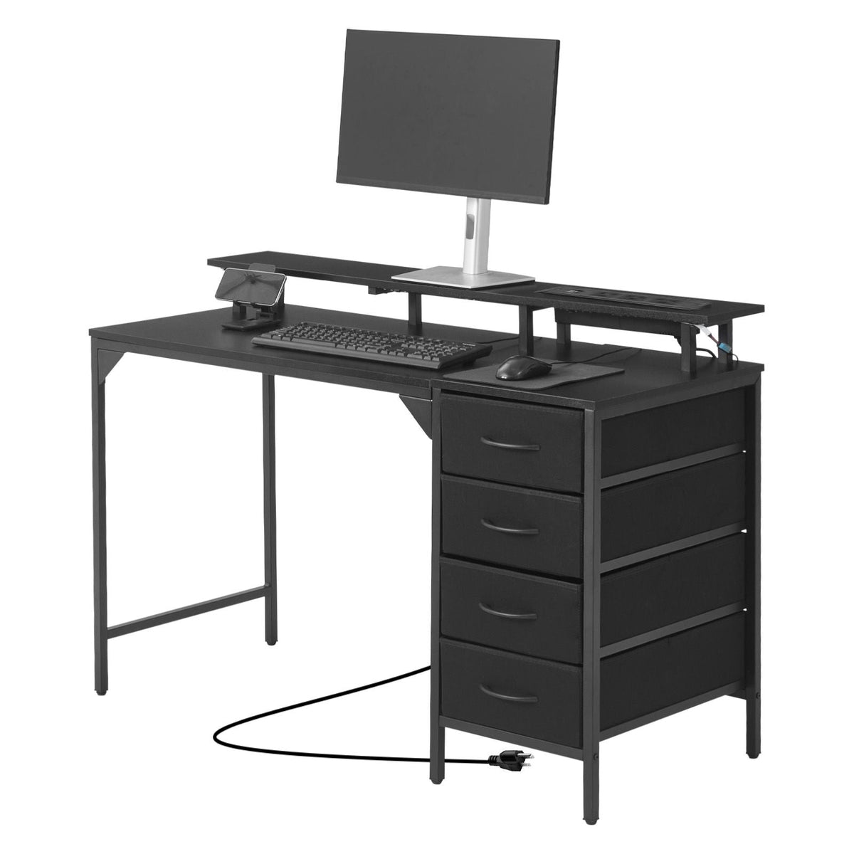 47" Computer Desk with LED Lights & Power Outlets, Gaming Table with 4 Large Drawers, Office Desk with Monitor Stand, Study Work Home Office, Small Spaces, Black