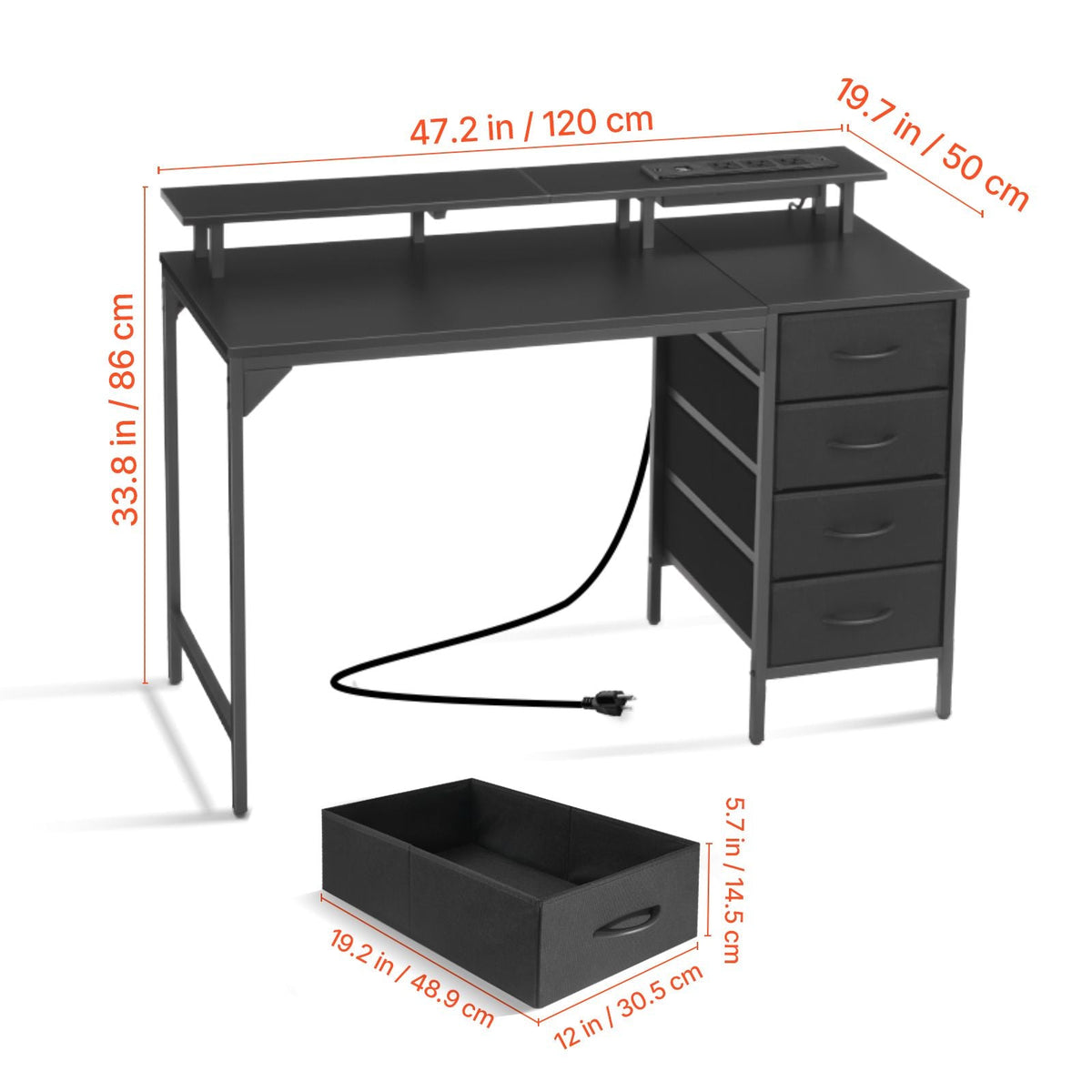 47" Computer Desk with LED Lights & Power Outlets, Gaming Table with 4 Large Drawers, Office Desk with Monitor Stand, Study Work Home Office, Small Spaces, Black
